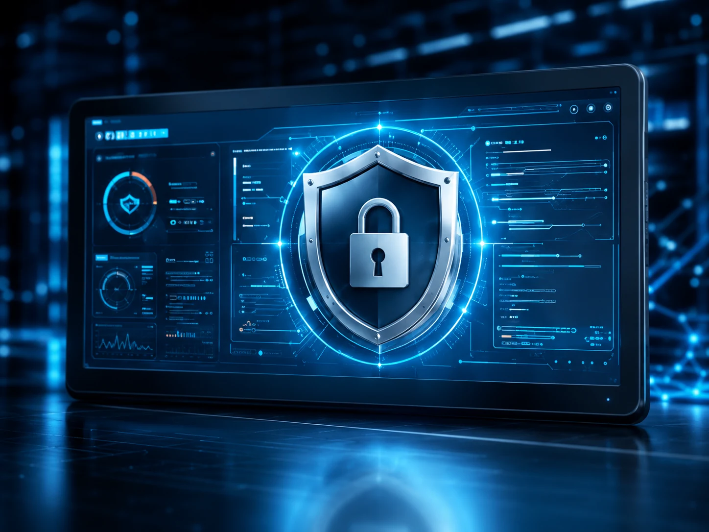 Interfaz de ciberseguridad con escudo y candado.